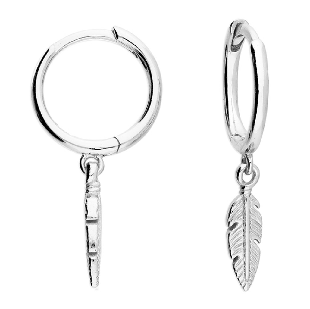 Sterling iver Huggie hoops wih feaher charm. Dainty Feather Dangle Hoops for Women