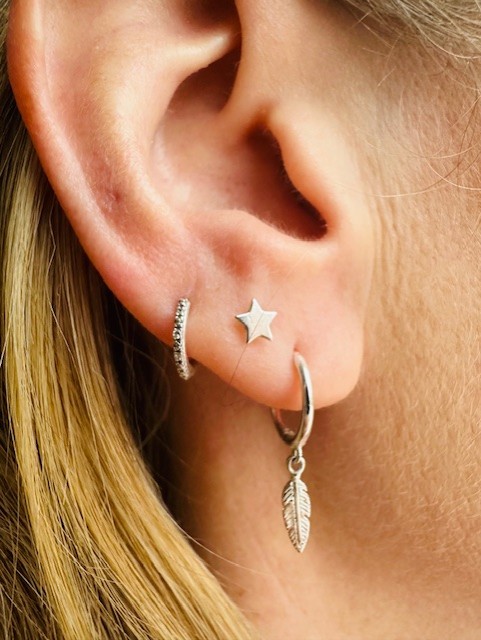 Star studs and feather huggie earrings 3 sterling silver feather huggie hoops and silver star stud earrings